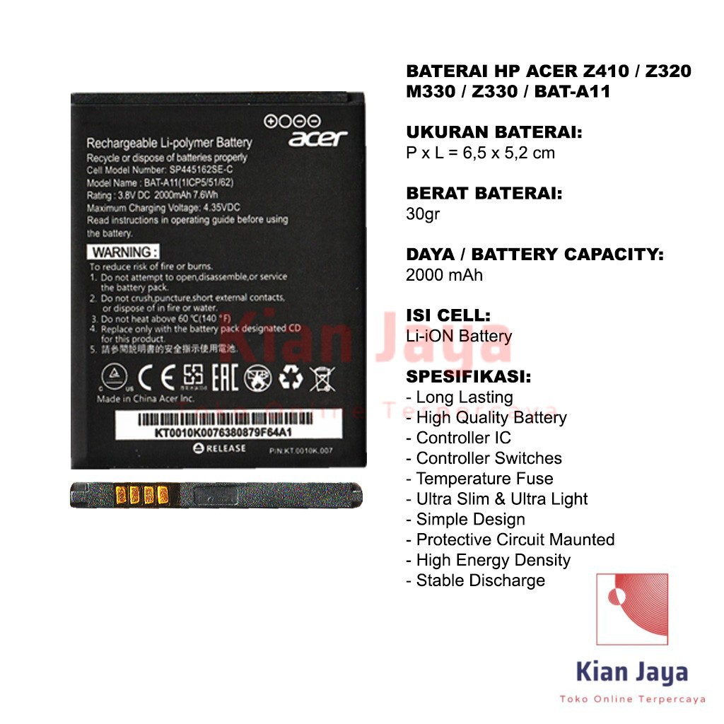 Baterai Hp Acer Z410, Z320, Z330, M330, BAT-A11, BAT11 Original OEM Batrai Batre Battery