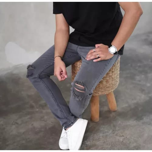 Celana jeans pria sobek lutut ripped, celana jeans panjang strech robek skinny