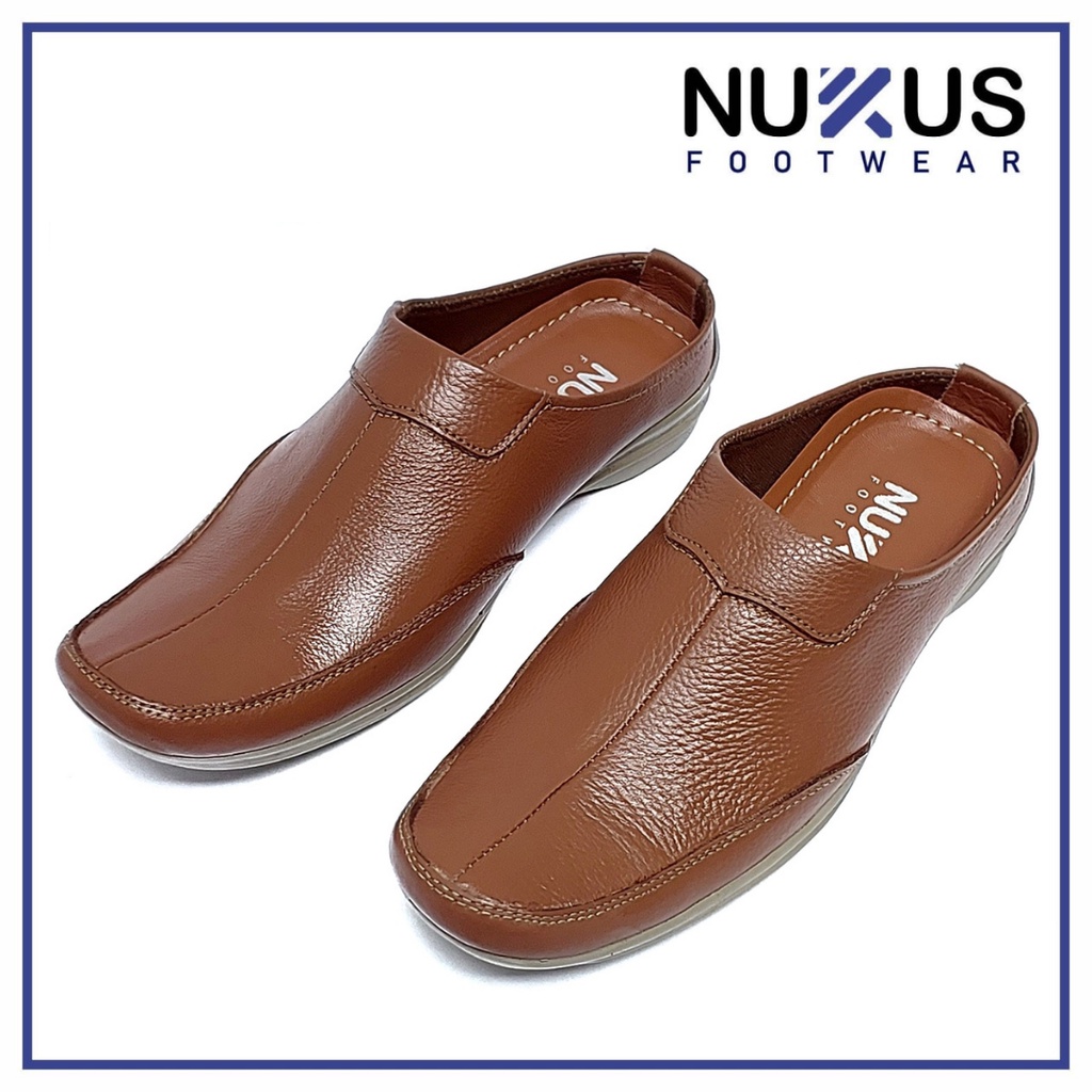 Nukus Sepatu Sendal Slop Pria Kulit Selop Bustong Coklat Tan - SL KS