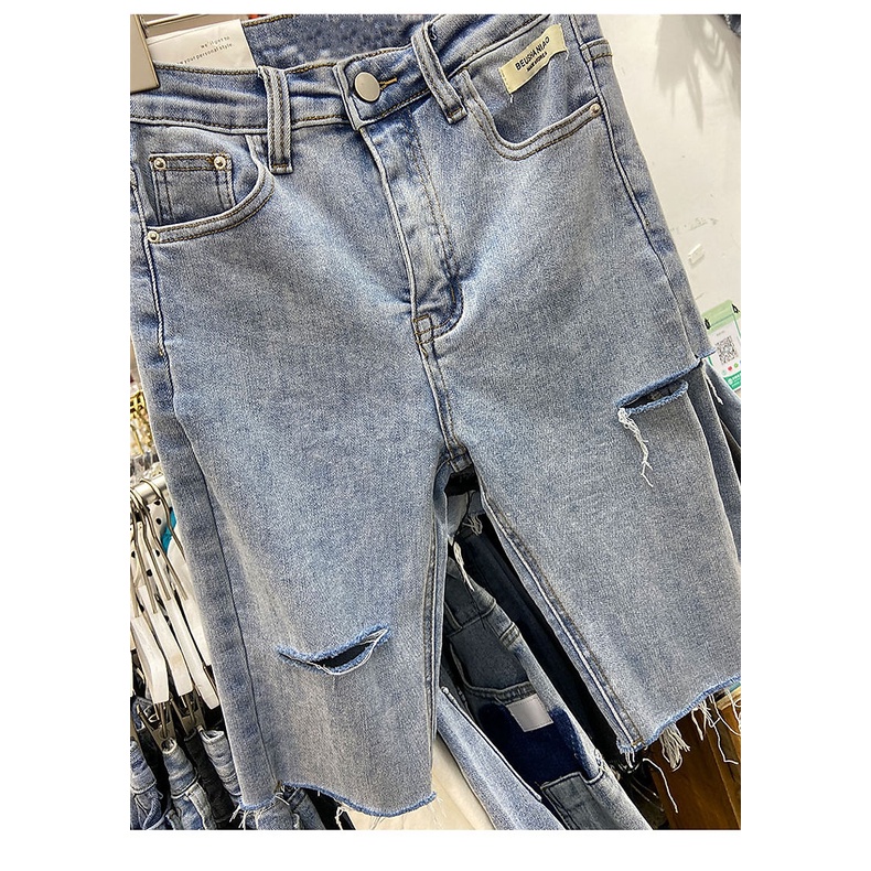 【Cewek_id】Celana Jeans Pendek 3/4 Stretch Fashionable ripped jins highwaist pants kekinian 2023