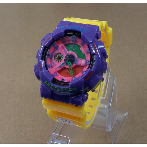 JAM TANGAN WANITA CASIO G-SHOCK GA-110 DUALTIME KUNING KOMBINASI UNGU KW SUPER