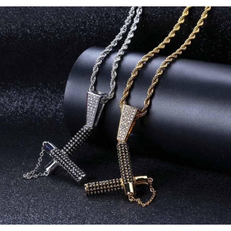 Kalung Rantai Liontin Nunchaku Hias Zircon Hitam Gaya Hip Hop Hipster Untuk Pria