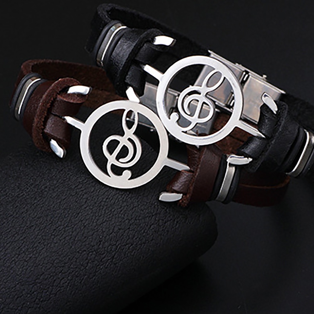 Hu Hu Hu Hu Hu Alat Bantu Pasang Kacamata♡ Gelang Tangan Kulit Imitasi Aksen Not Musik Hollow Gaya Vintage Untuk Pria