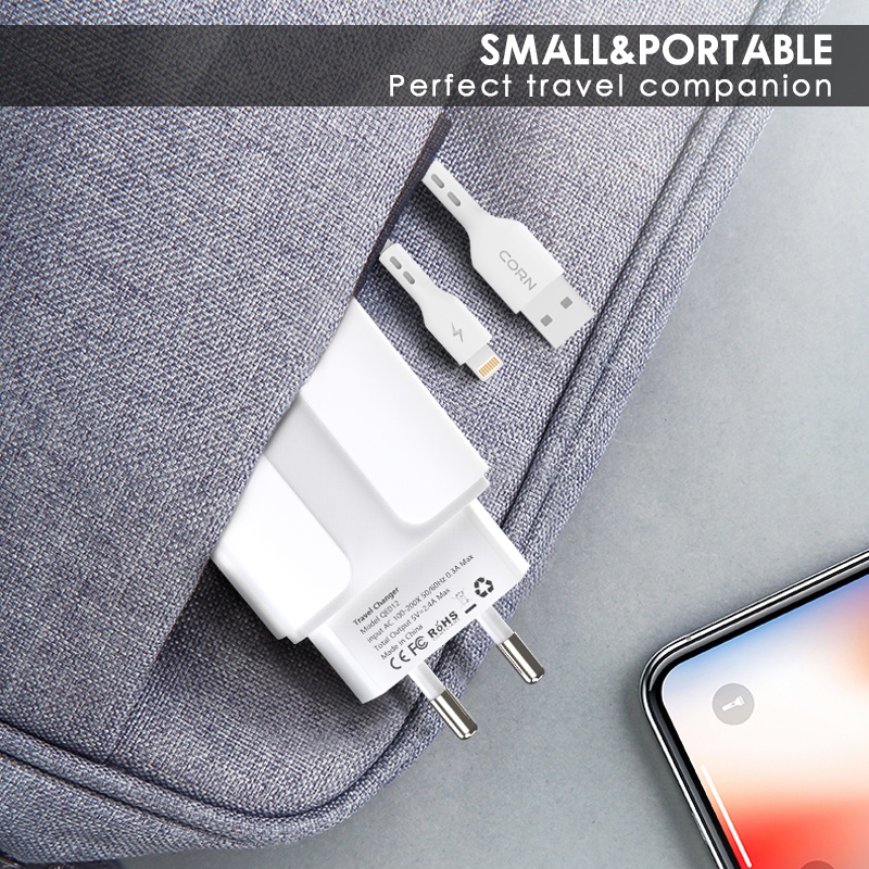 【Murah+COD】CORN QE012 2.4A Dual USB Charger Travel Adaptor Kabel 3A untuk Samsung Iphone vivo