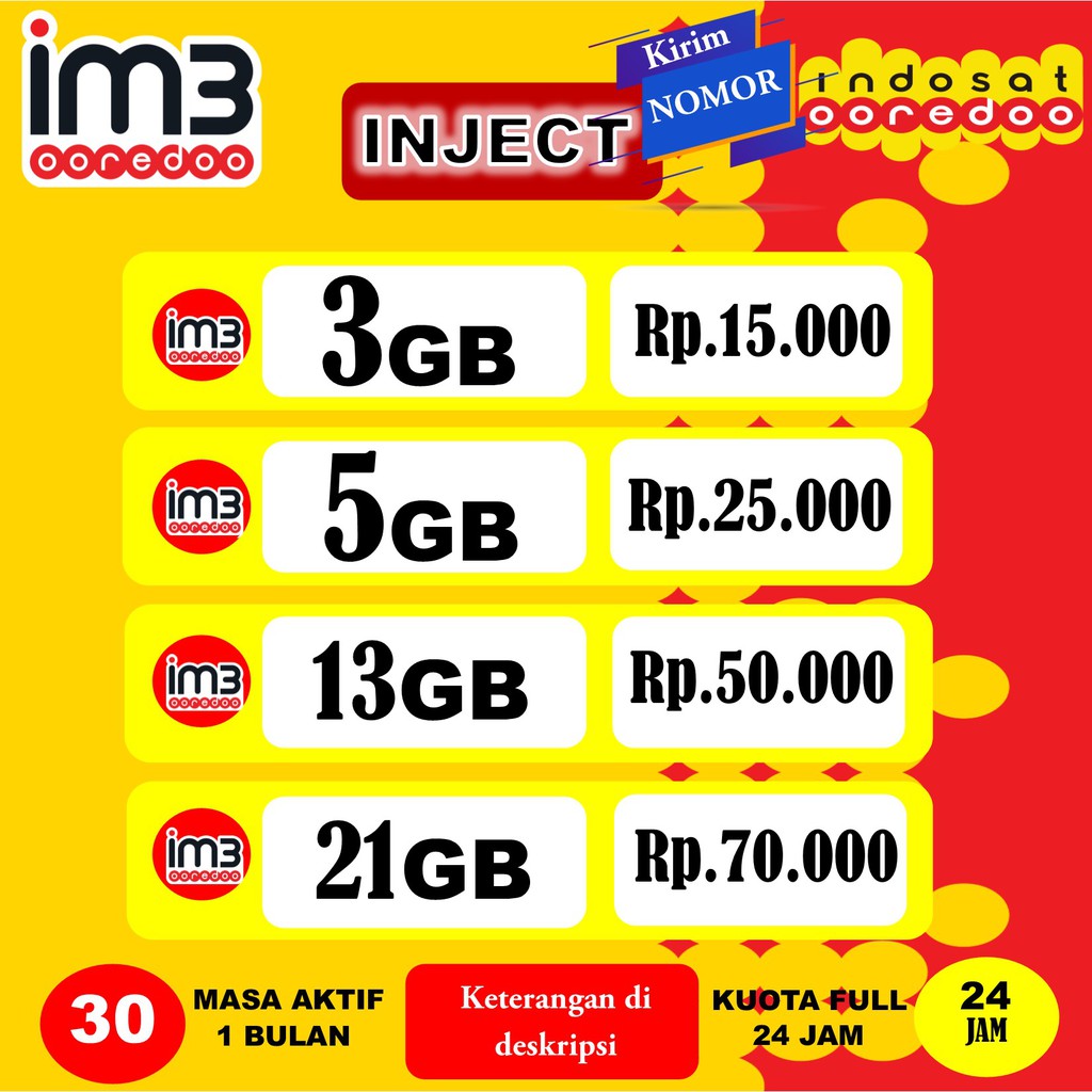 Isi Ulang Kuota Intermet Paket Data Inject Indosat Im3 Ooredoo 3gb 5gb 13gb 21gb Shopee Indonesia