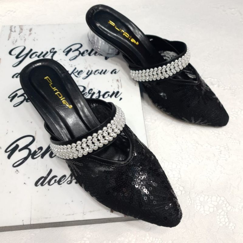 Sandal heels pesta hak kaca tahu wanita purple NS241