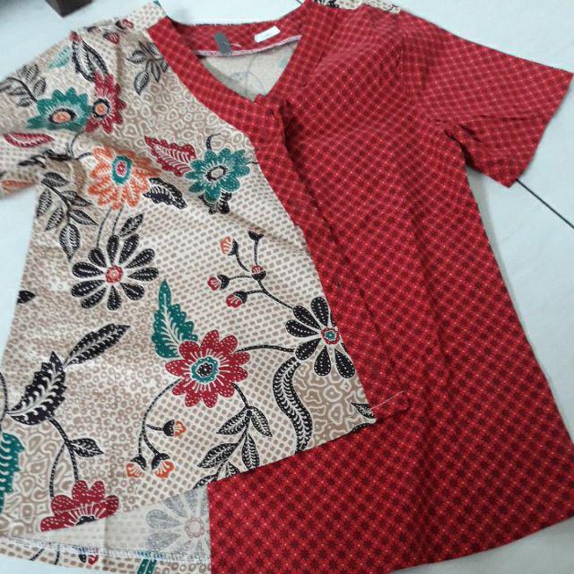 Blouse 249 Afa# Atasan Batik Wanita Asimetris Lengan Pendek Warna Merah Bahan Katun Stretch