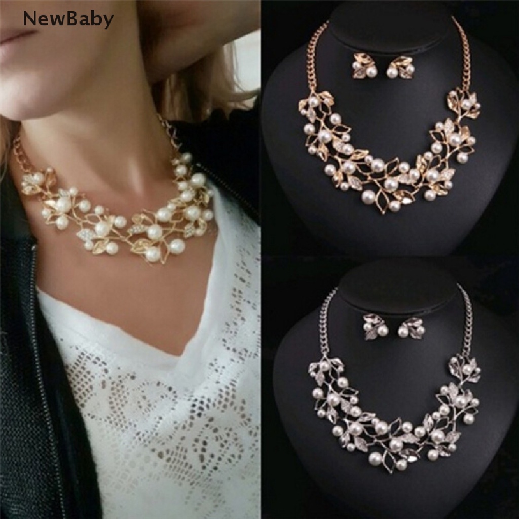 NewBaby Pearls Crystal Tree Leaves Necklace Earring  Elegant Ladies Luxury Jewelry Set  ID