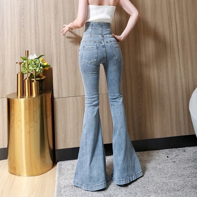 Red Tinggi Pinggang Buckle Big Flared Jeans Wanita Musim Semi Tinggi dan Musim Gugur Baru Stretch Ketat Drop Pants Ekstensi