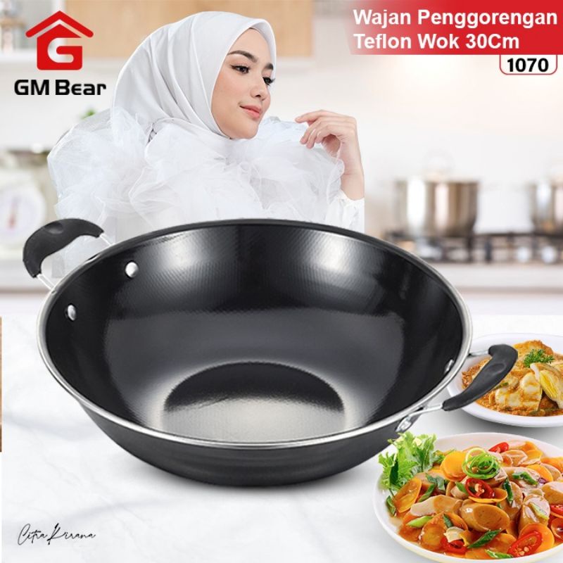 GM Bear Wajan Kuali 30cm 1070-Wajan Penggorengan Teflon Wok 30cm
