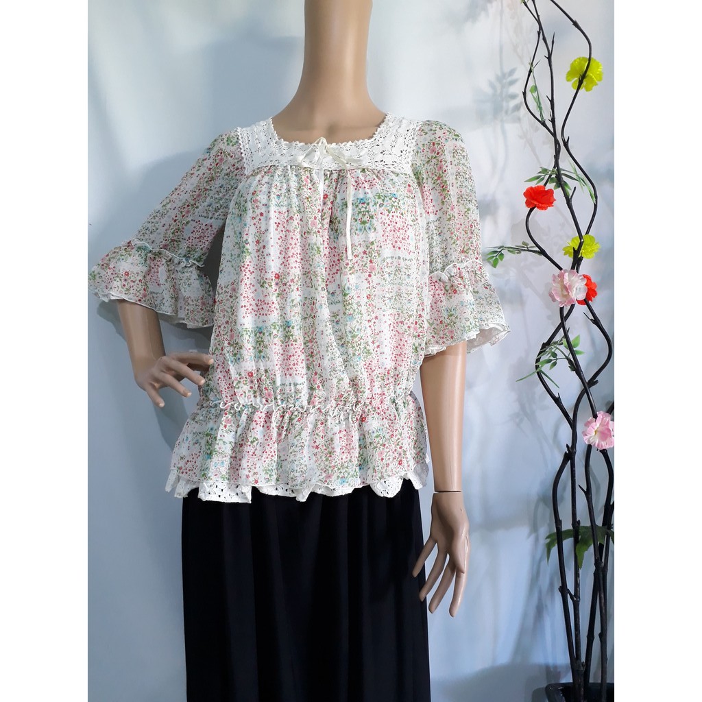BLOUSE SABRINA KERUT CEWEK MOTIF BUNGA