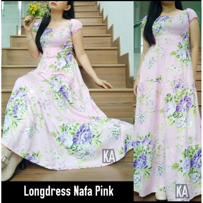 Daster Panjang Serut Dada Rayon Adem Longdress Cantik Bunga Sakura Natasha-Nafa pink