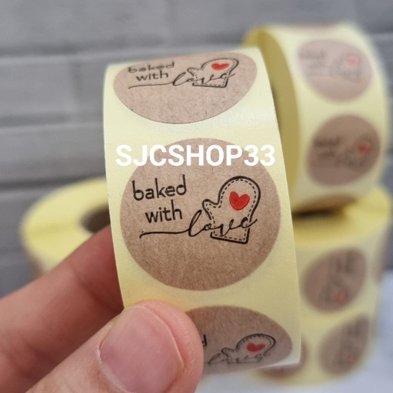 

1 roll isi 500 pcs sticker label kraft baked with love / label thank you