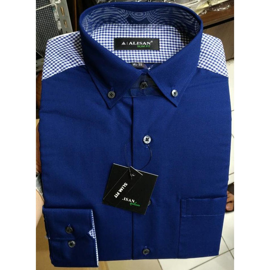 PROMO KEMEJA PRIA ALISAN SLIMFIT PANJANG BIRU NAVY HIJAU TOSCA KOMBI PUNDAK - NAVY, XL