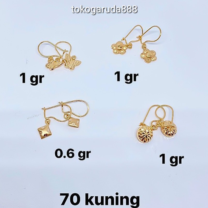 anting anak dan dewasa emas asli kadar 700 70% 16k 22 bulat love kupu bunga gantung giwang kerabu hooks dewasa