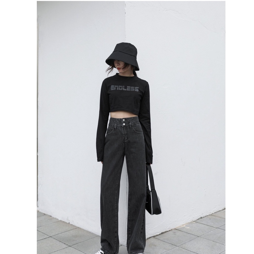 Berpinggang Tinggi Longgar Gaya Korea Lurus Berkaki Biru / Hitam Celana Jeans Wanita