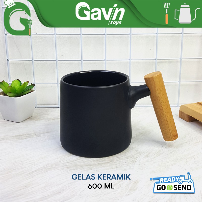 Designer Glass Gelas Kopi Keramik Kayu 600ml Coffee Mug Gelas Ceramic 600 ml Hitam
