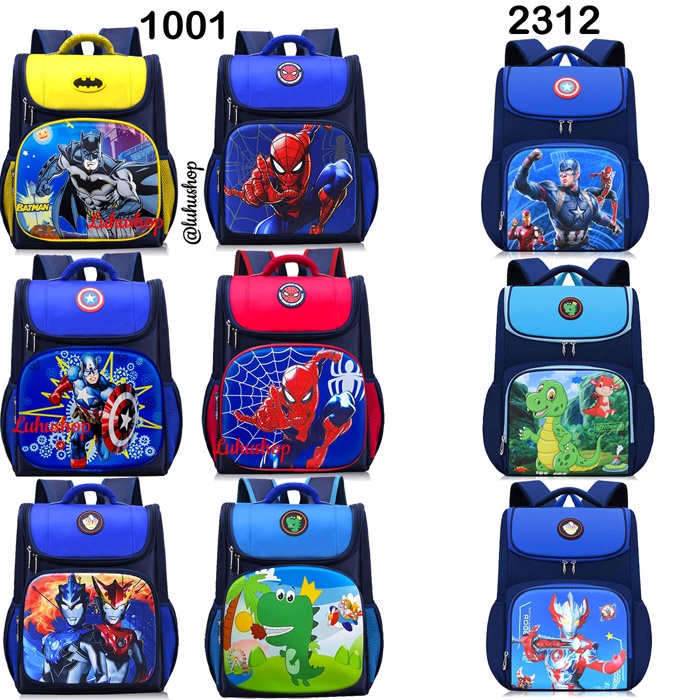 Tas SD TK Anak Sekolah Cowo Superhero Ultraman Spiderman Batman Captain Karakter Dinosaurus Panda Tas Anak Laki Laki