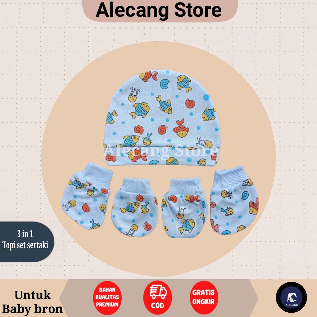 Topi Set 3in1 Kupluk Baby New Born Lucu Kaos Kaki Perlengkapan Bayi Baru Lahir Murah Aksesoris Motif