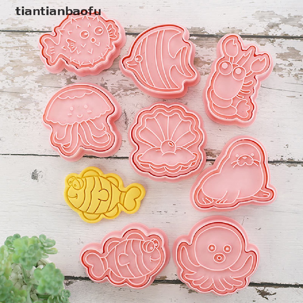 8pcs / Set Cetakan Pemotong Kue / Biskuit Bentuk Kartun Hewan Laut 3D Model Tekan Untuk Alat Dapur