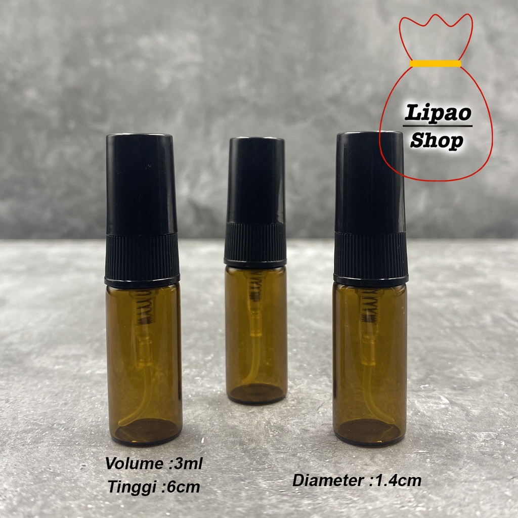 Botol Spray Kaca 3ml AMBER / Coklat - Refillable Travel Size Parfum Tutup HITAM - Atomizer Decant