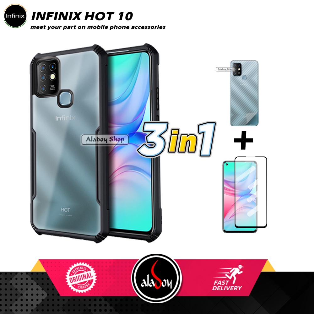 Case Infinix Hot 10 Armor Fushion Transparent Casing + Tempered Glass Full Layar dan Skin Carbon