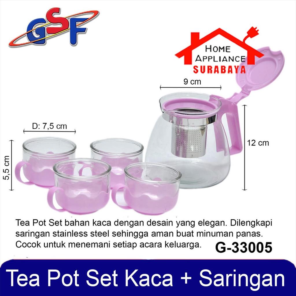 Tea Pot -Teko Kaca Set + Saringan Teh 5 PCS 5 IN 1 GSF G 33005 Pink / GSF 3505 Hitam