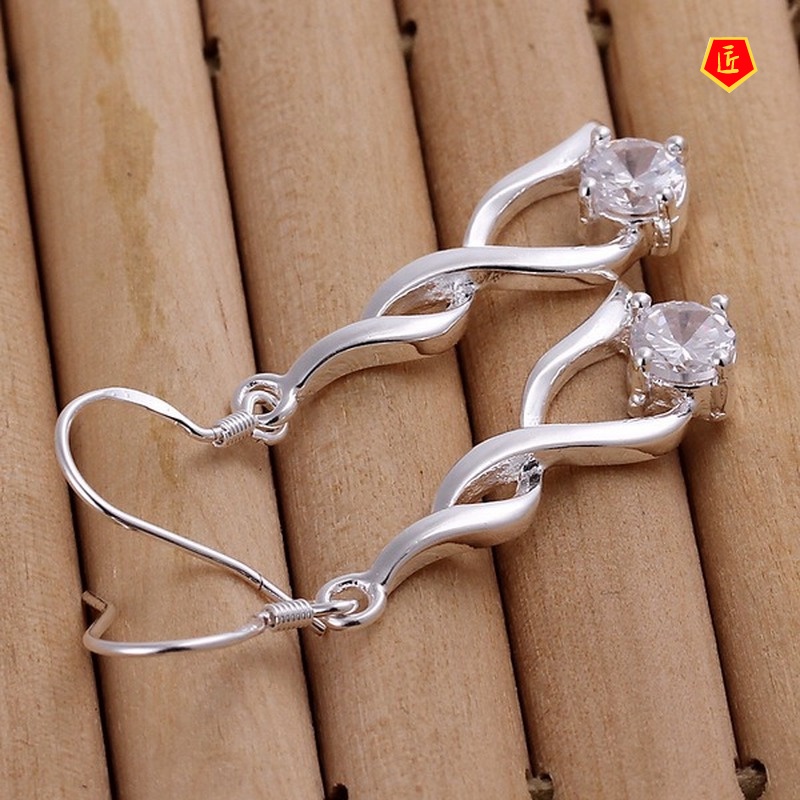 [Ready Stock]Fashion 925 Silver Tassel Twisted Diamond Earrings