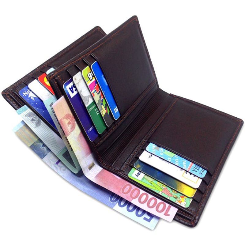 Dompet Kulit Asli Pria 3/4 3 Ruang Uang Kertas 15 Slot Kartu Dompet Cowok Lipat Kulit Asli