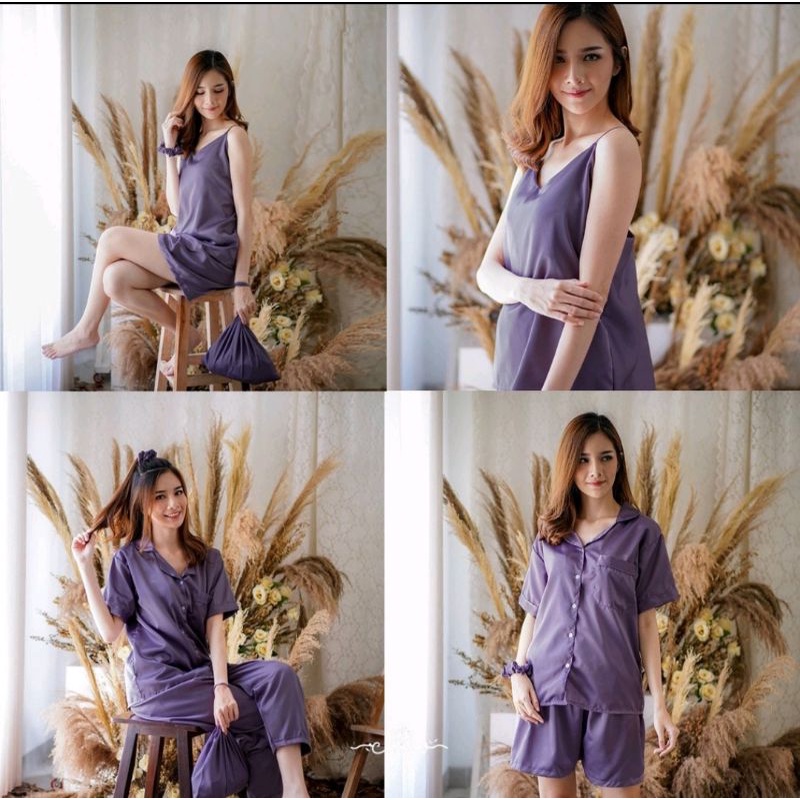 PIYAMA SET 7 IN 1 SATIN PAJAMAS PARTY- Piyama Wanita- Baju Tidur - Busui