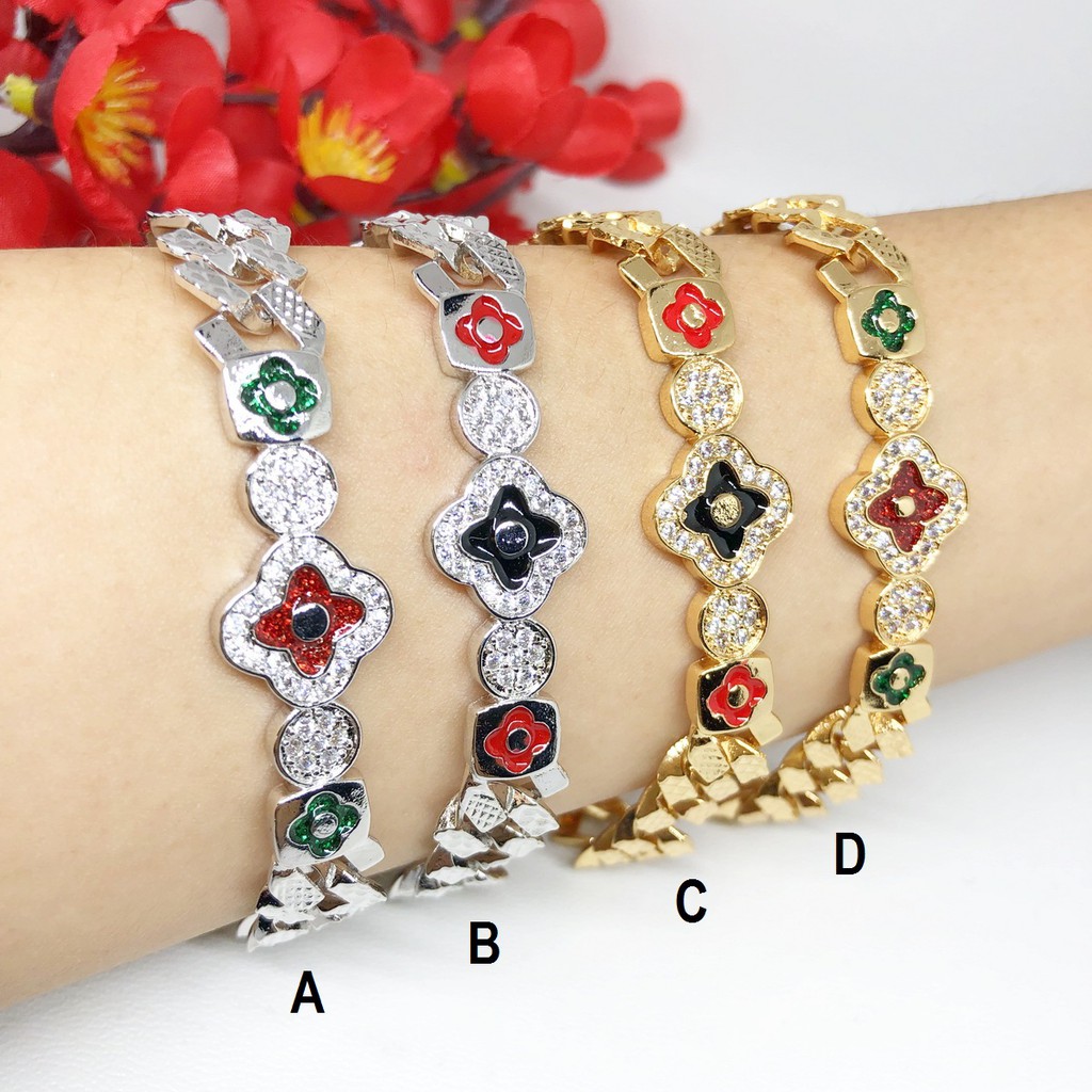 Gelang Rantai Tebal Arsir Silang Xuping Clover Hitam Merah Lapis Emas Putih - BB357