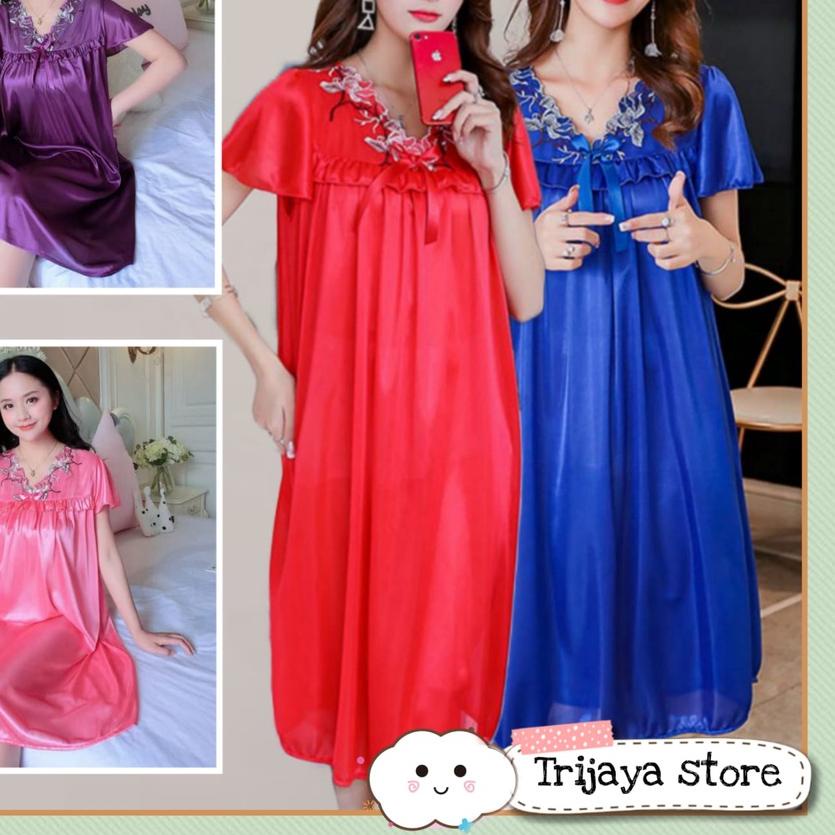 Trijaya . daster lingerie jumbo satin brukat sleepwear / baju tidur wanita jumbo big size