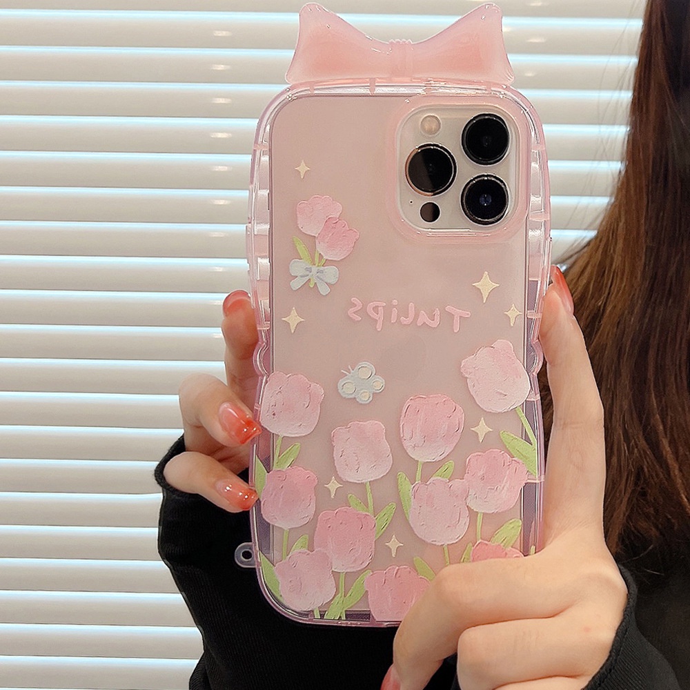 Case Pelindung Desain Tulip Pink Transparan Dengan Pita 3D Untuk Iphone X XR XS 11 12 13 14 PLUS PRO MAX