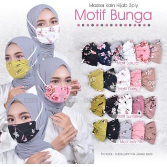 Masker Hijab Kain 3 ply 3ply tali serut headloop 3 lapis cantik lucu motif pesta BUNGA LENGKUNG 2108