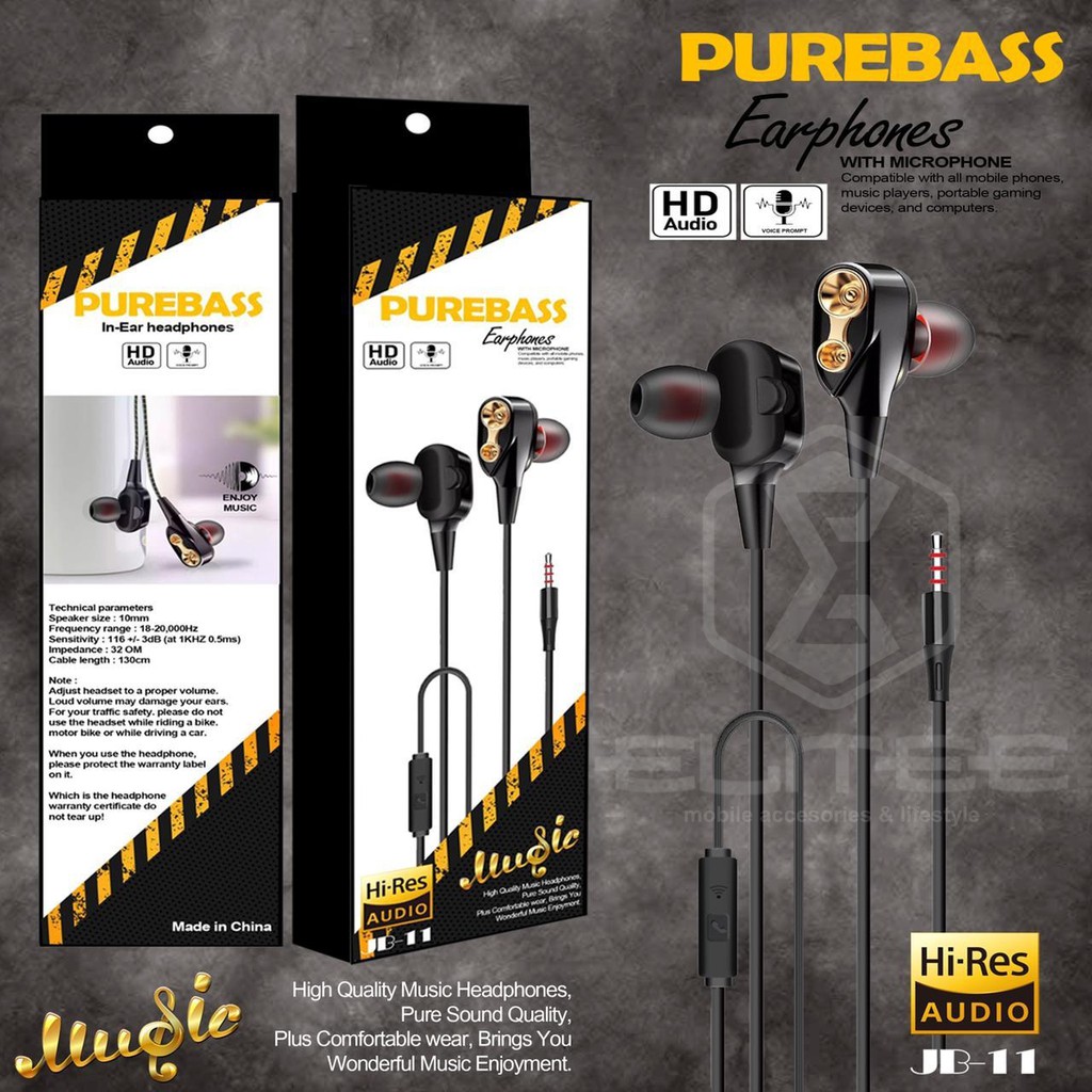 Headset PUREBASS Hi-Res Audio For 3.5mm Jack Earphone Megabass With Mic - JB-11-4