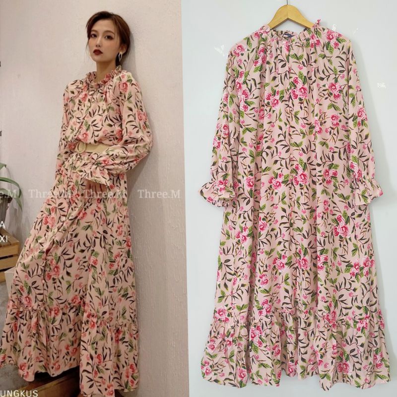 Bisa COD | Long Dress Motif Bunga / Gamis Ice Silk Crepe Import