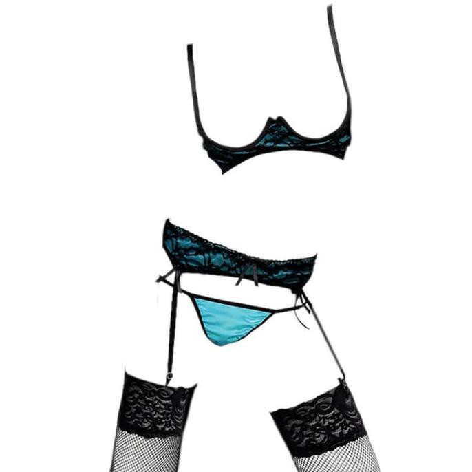 B060 - Bikini Bra Set Open Cup Biru Bra Kawat Garter Belt Stocking