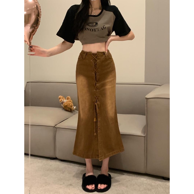 Buktikan Rok Hong Kong Gaya Retro Beras Pangsit Rok Musim Panas Pinggang Tinggi Slim Fit Hip Denim Rok Wanita Perban A-line Fishtail Rok Temperamen