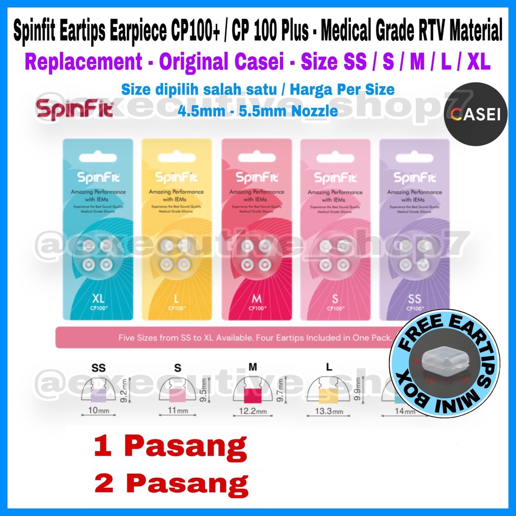 Spinfit Eartips Earpiece CP100+ / CP100 Plus - Medical Grade RTV Material - Size SS, S, M, L, XL