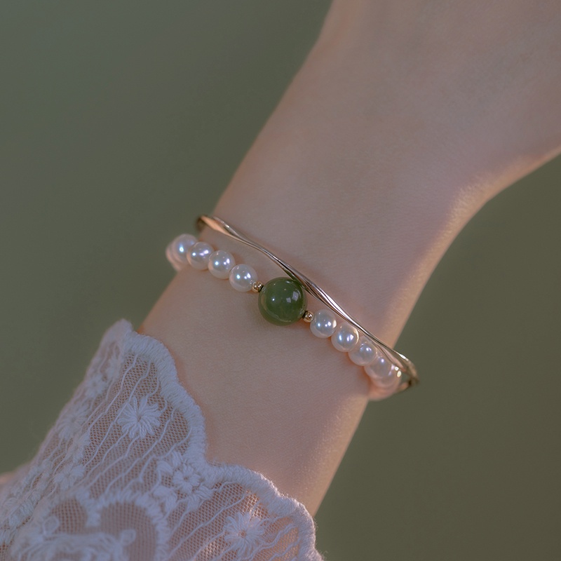 Roselife Gelang Tangan Wanita Manik Opal Imitasi Hias Mutiara Gaya Vintage Elegan