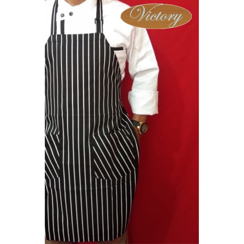 Celemek masak / Apron masak motif garis / Celemek kain motif garis