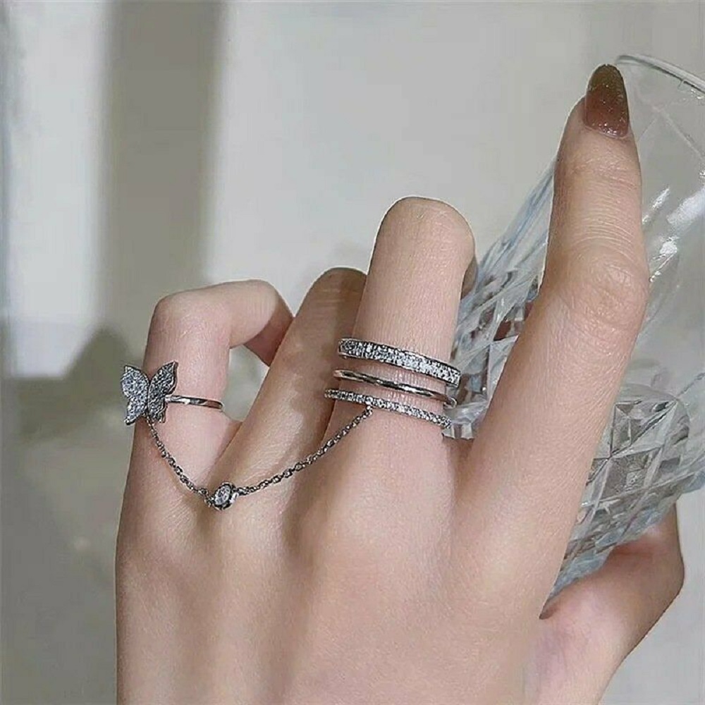 【COD Tangding】Tassel Butterfly Mittens Ring Zircon Adjustable Chain Open Silver Rings Women Party Jewelry