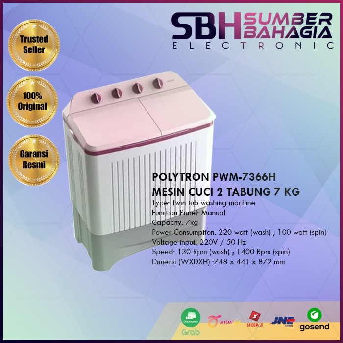 POLYTRON PWM-7366H MESIN CUCI 2 TABUNG 7 KG (NEW) (KHUSUS BANDUNG)