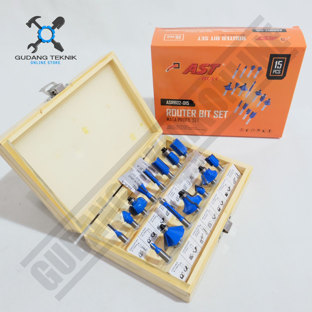 AST ASRB02-015 Mata Profil Router Bit 1 Set 15pcs Mata Trimmer Kayu Tool 1 Set 15 pcs / Mata Pisau Profil