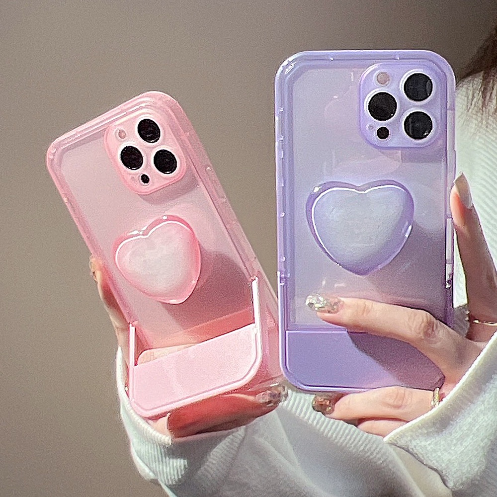 IPHONE 3d Love Heart Holder 2in1 Invisible Lipat Bracket Transparan Phone Case Cover Untuk Iphone7 8 PLUS X XR XS 11 12 13 14 PRO MAX SE 2020