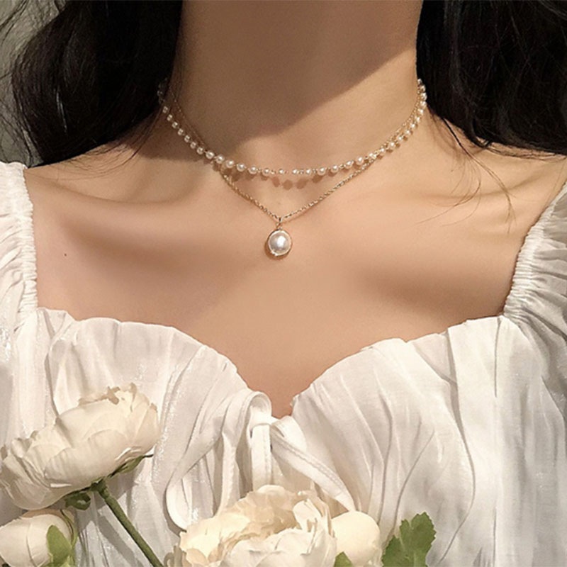 Kalung Rantai Klavikula Liontin Mutiara Ganda Warna Silver Untuk Wanita