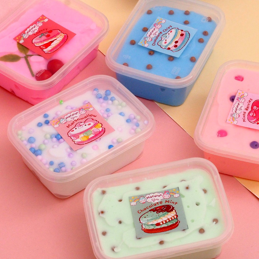 Slime Macaron Variasi Dessert Box Slime Tofu Wangi Topping Sprinkels Warna Soft Kenyal Slime Boba Fuyu Jelly