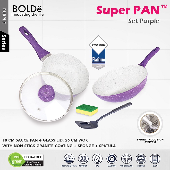 Wajan Super Pan Bolde Purple Set Panci Granite Ceramic Cookware Set Asli