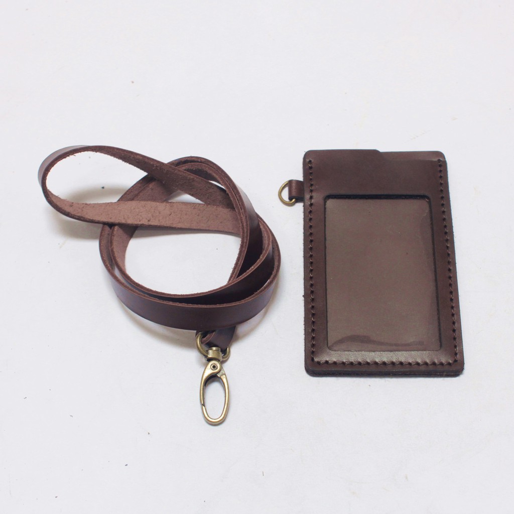 gantungan dompet ID card kulit coklat - tali id card holder - PHID824