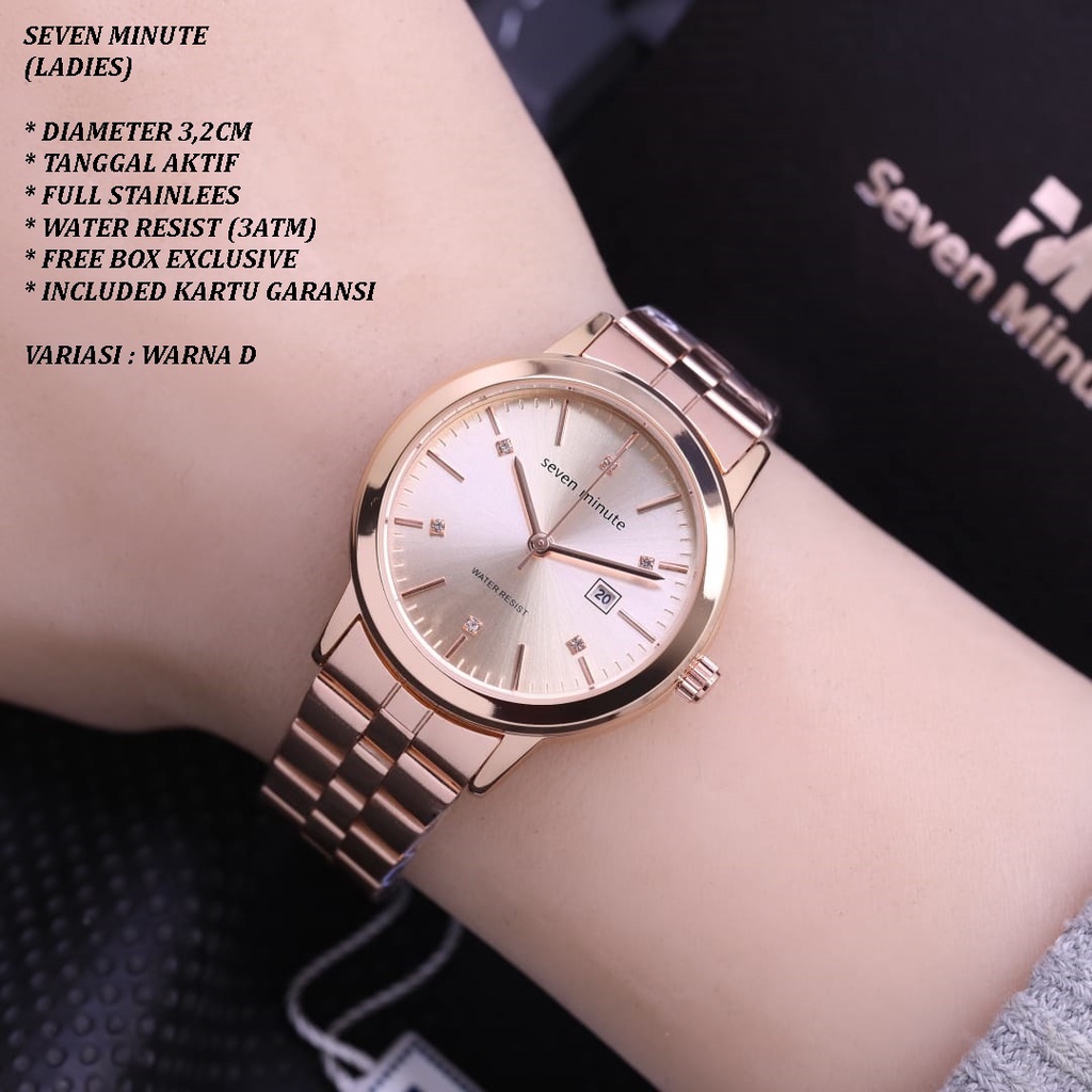 (FREE BOX) JAM TANGAN SEVEN MINUTE SM-009 WANITA FASHION RANTAI BODY BULAT TANGGAL AKTIF